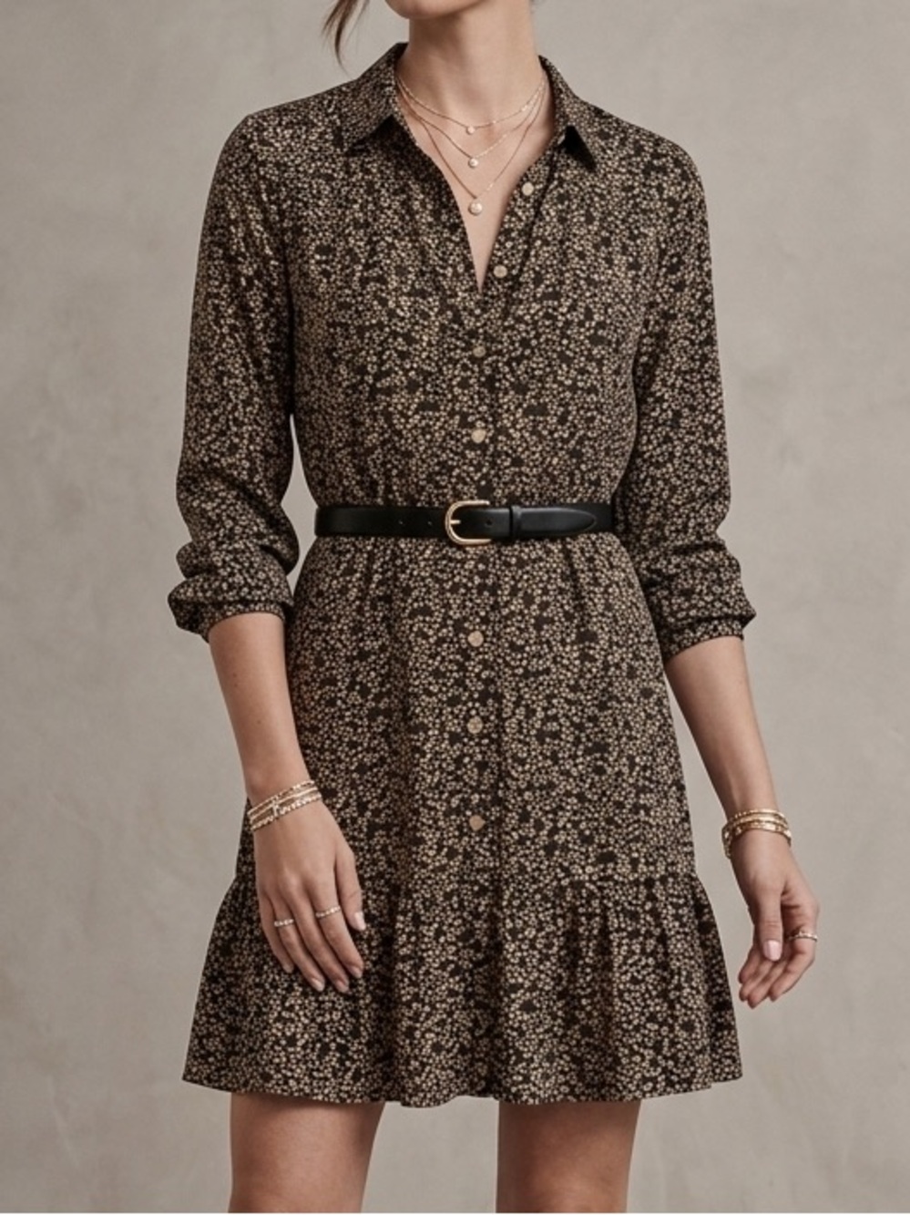 Draper James RSVP Black Tan Leaf Print Button Front Ruffle Hem Dress Medium